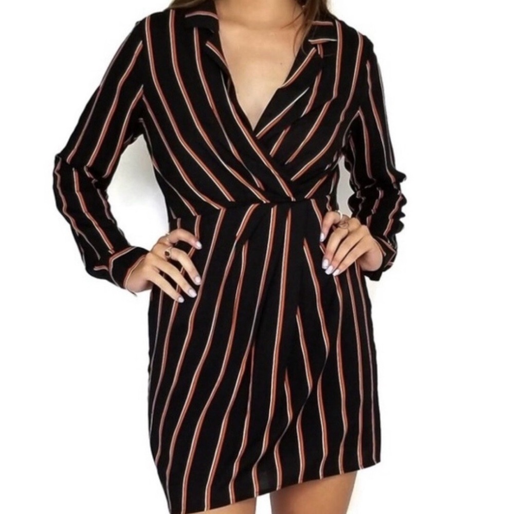 Lush Black and Orange Striped Surplice Long Sleeve Dress